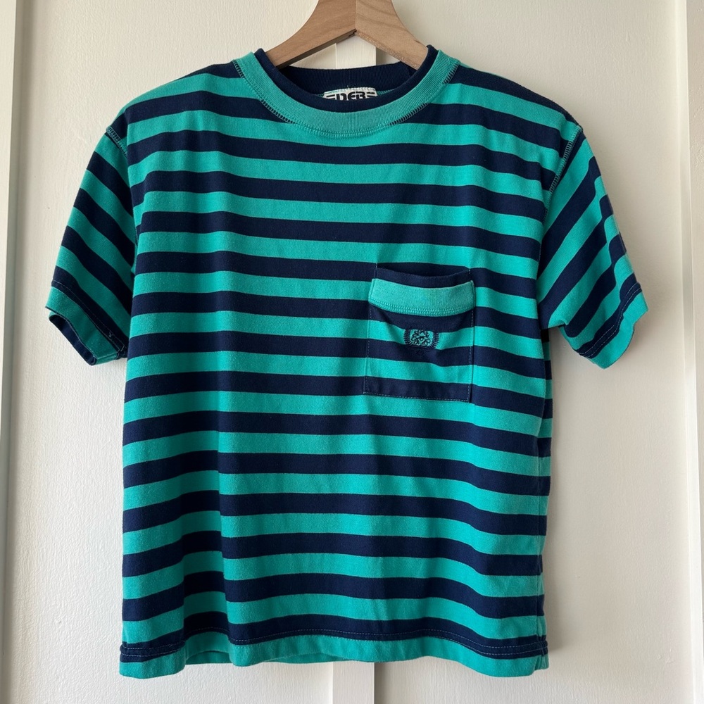 Vintage 80s DEB Striped Pocket Tee Green & Navy – Size L - Picture 8 of 9